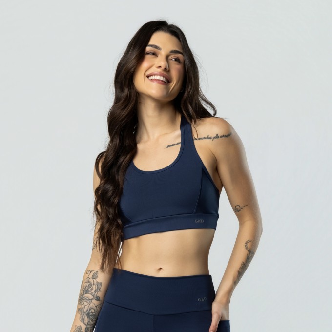 Top Nadador Duplo Fitness Alta Sustentação Azul Marinho
