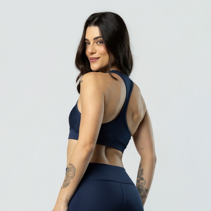Top Nadador Duplo Fitness Alta Sustentação Azul Marinho