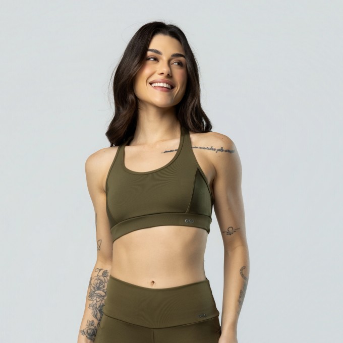 Top Nadador Duplo Fitness Alta Sustentação Verde Militar