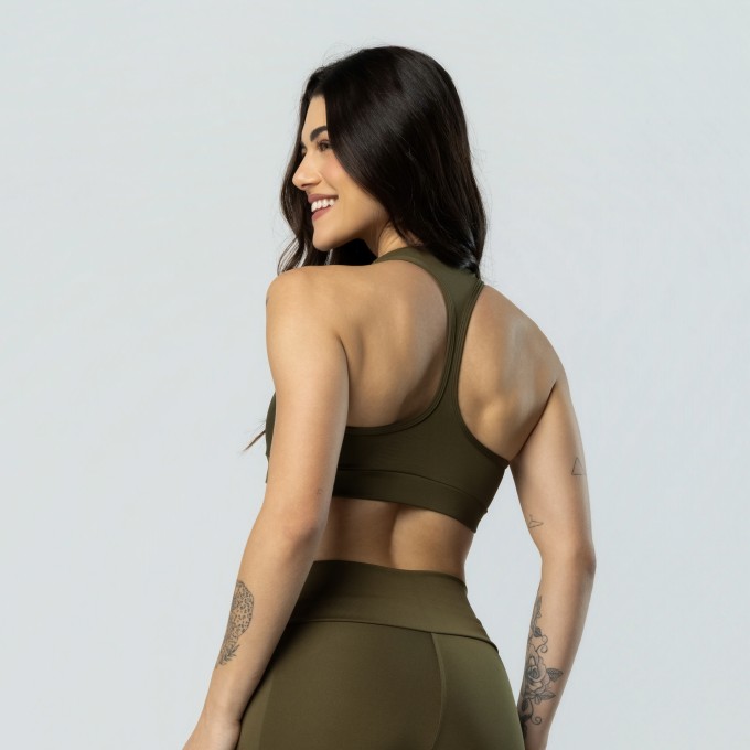 Top Nadador Duplo Fitness Alta Sustentação Verde Militar