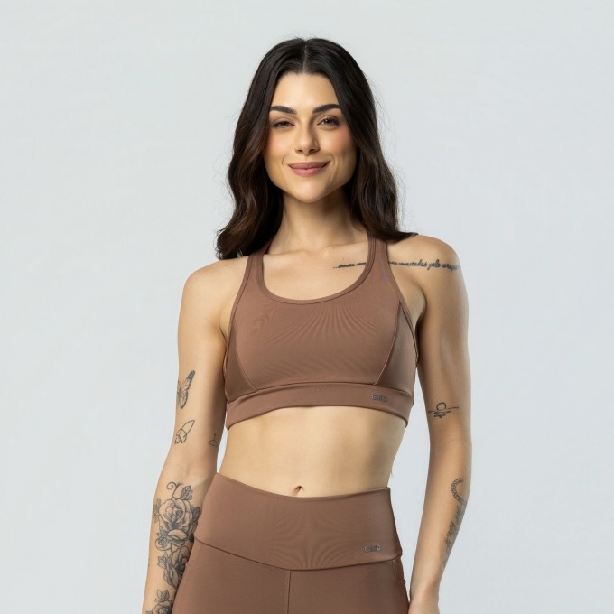 Top Nadador Duplo Fitness Alta Sustentação Marrom
