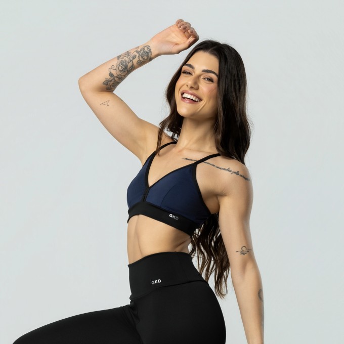 Top Decote em V Alcinha - Black Collor Preto e Azul Marinho