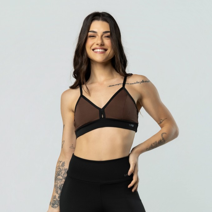 Top Decote em V Alcinha - Black Collor Preto e Café
