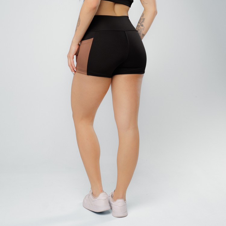 Short Com Bolsos Laterais- Black Collor Preto e Marrom