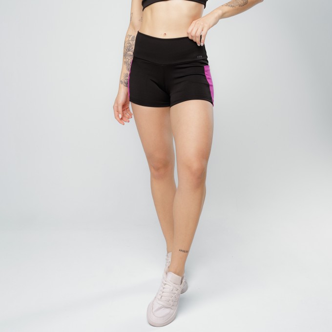 Short Com Bolsos Laterais- Black Collor Preto e Fúscia
