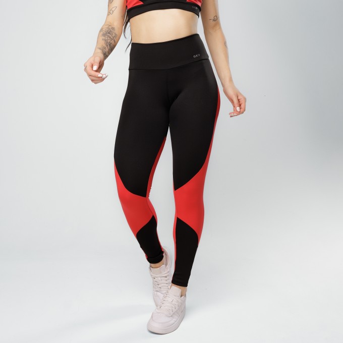Calça Legging Recortes Premium - Black Collor Preta e Vermelha