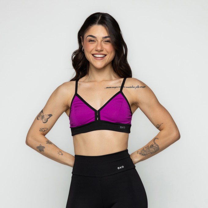 Top Decote em V Alcinha - Black Collor Preto e Fúscia